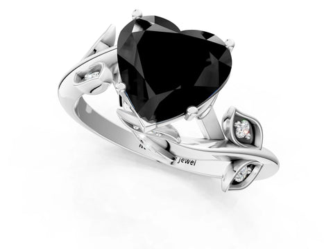 White gold Fancy Black Heart Cut Solitaire Twist Engagement Ring with Leaf Accents and Prong Setting_13