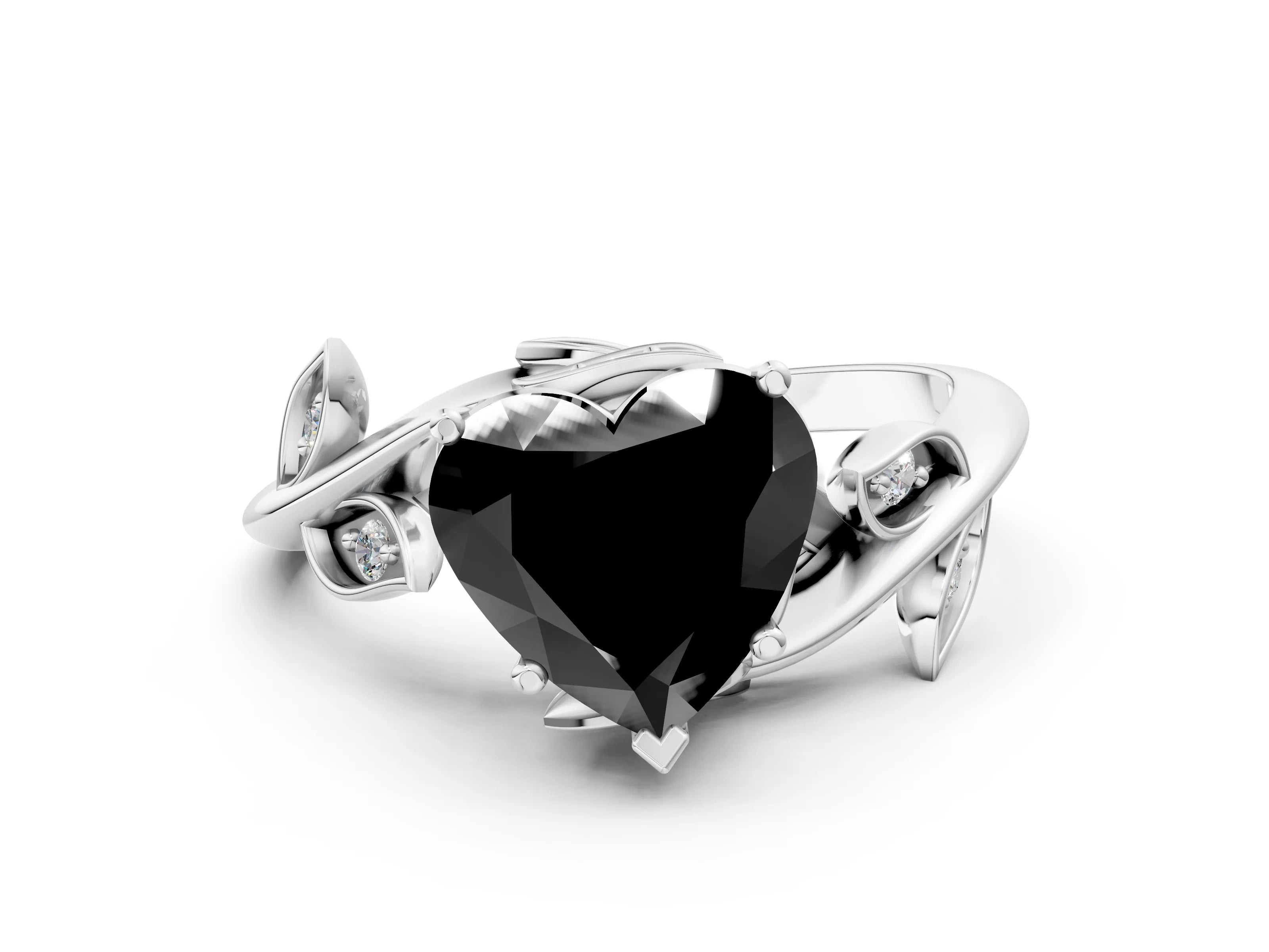 White gold Fancy Black Heart Cut Solitaire Twist Engagement Ring with Leaf Accents and Prong Setting