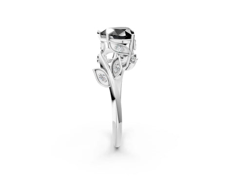 White gold Fancy Black Heart Cut Solitaire Twist Engagement Ring with Leaf Accents and Prong Setting_14