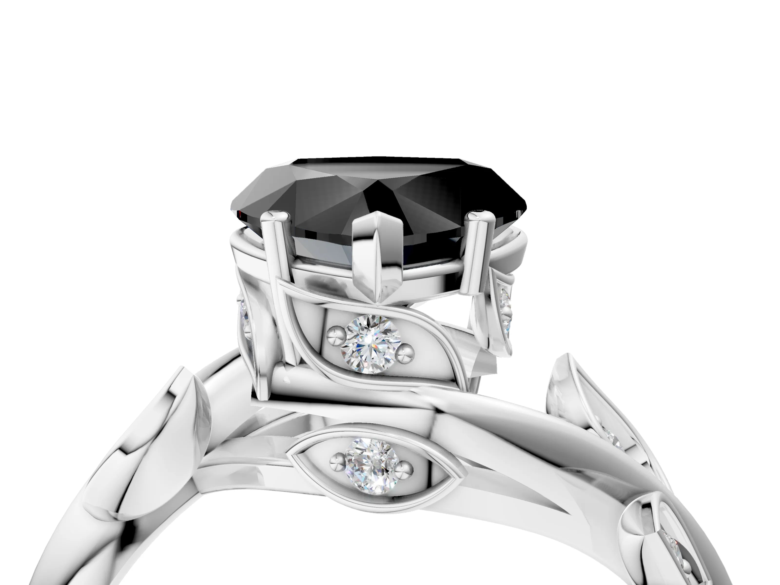 White gold Fancy Black Heart Cut Solitaire Twist Engagement Ring with Leaf Accents and Prong Setting_16