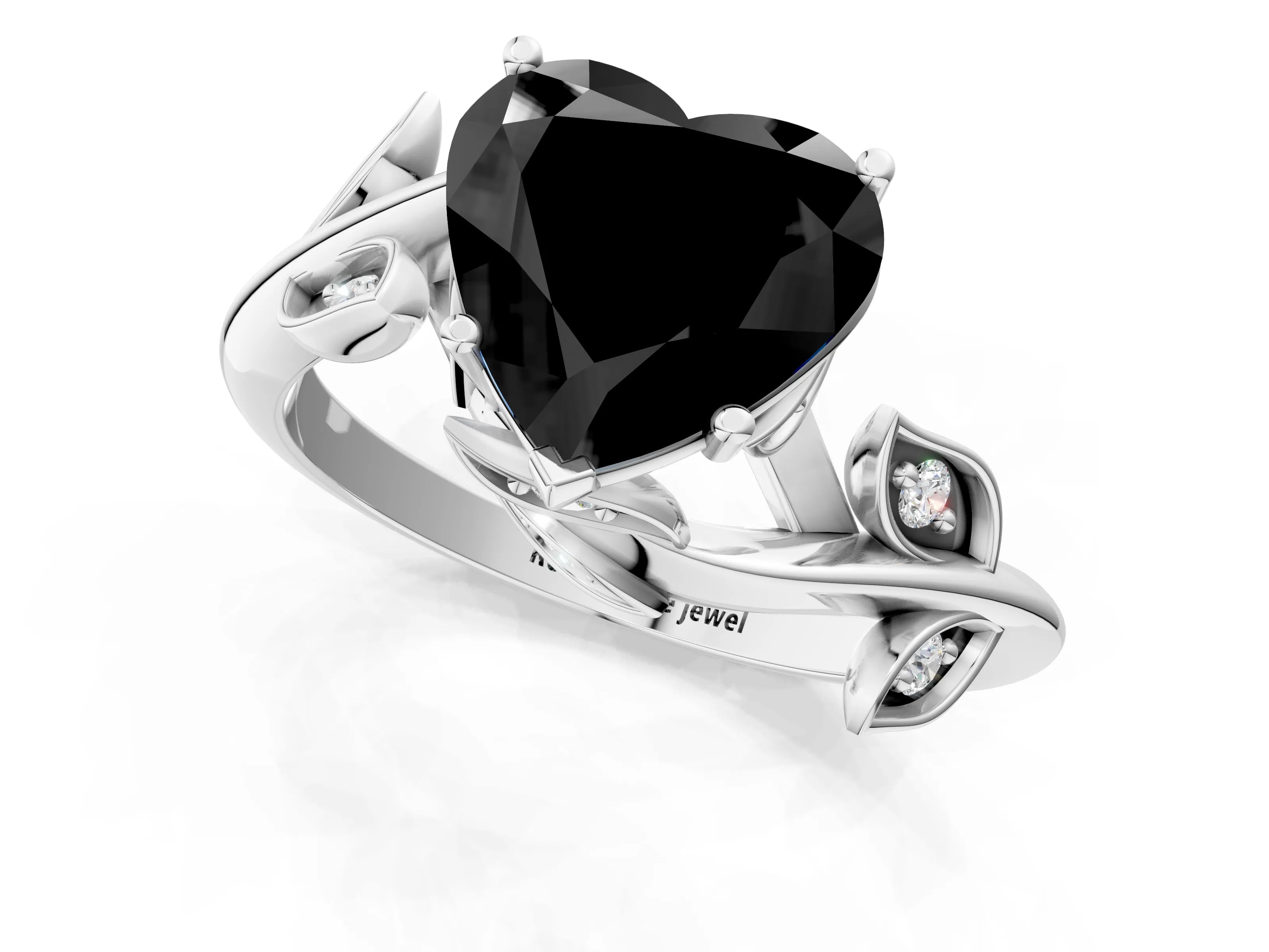 White gold Fancy Black Heart Cut Solitaire Twist Engagement Ring with Leaf Accents and Prong Setting_1