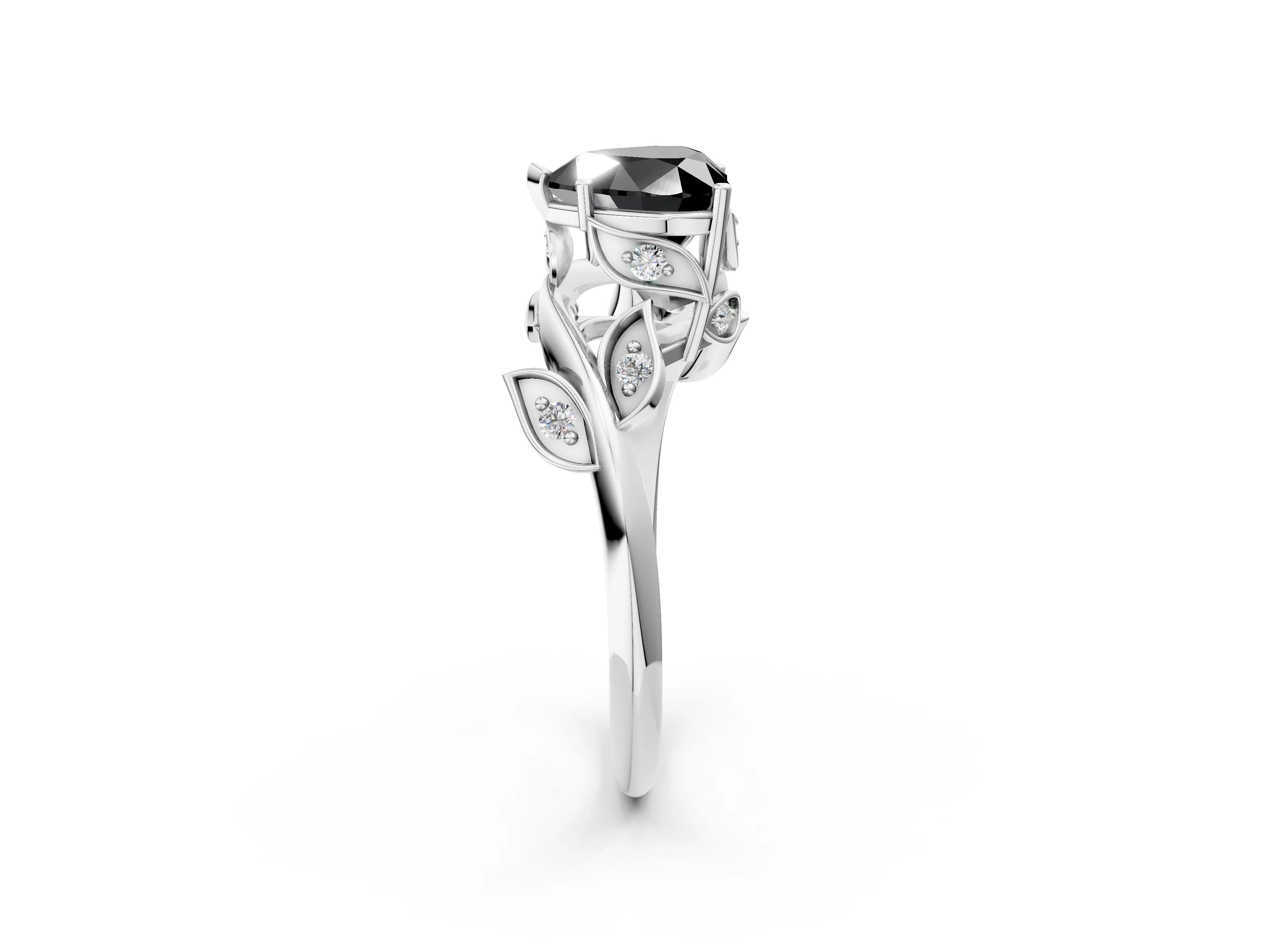 White gold Fancy Black Heart Cut Solitaire Twist Engagement Ring with Leaf Accents and Prong Setting_2