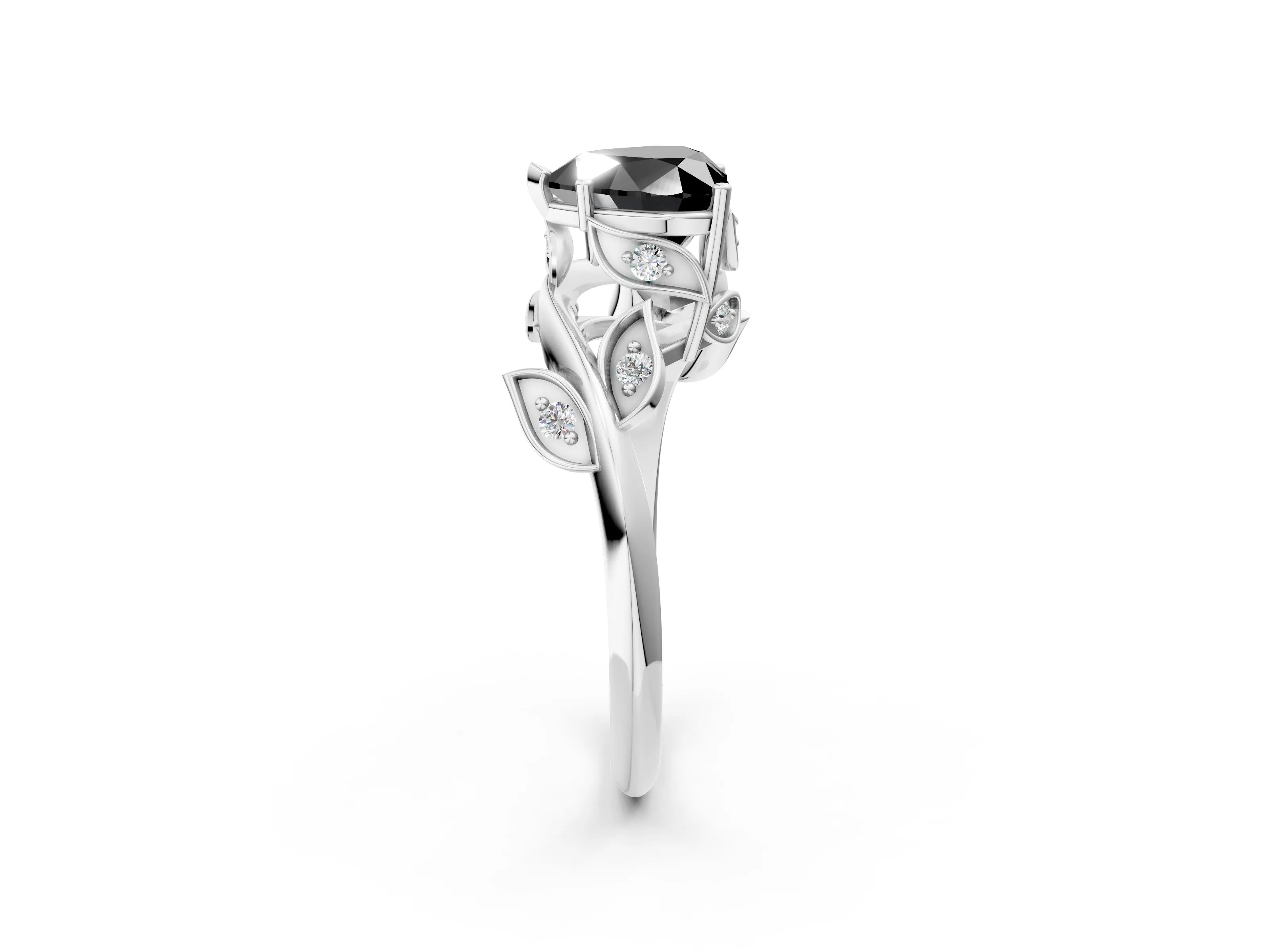 White gold Fancy Black Heart Cut Solitaire Twist Engagement Ring with Leaf Accents and Prong Setting_2