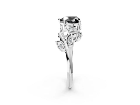 White gold Fancy Black Heart Cut Solitaire Twist Engagement Ring with Leaf Accents and Prong Setting_2