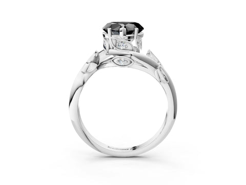 White gold Fancy Black Heart Cut Solitaire Twist Engagement Ring with Leaf Accents and Prong Setting_3