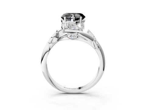 White gold Fancy Black Heart Cut Solitaire Twist Engagement Ring with Leaf Accents and Prong Setting_3