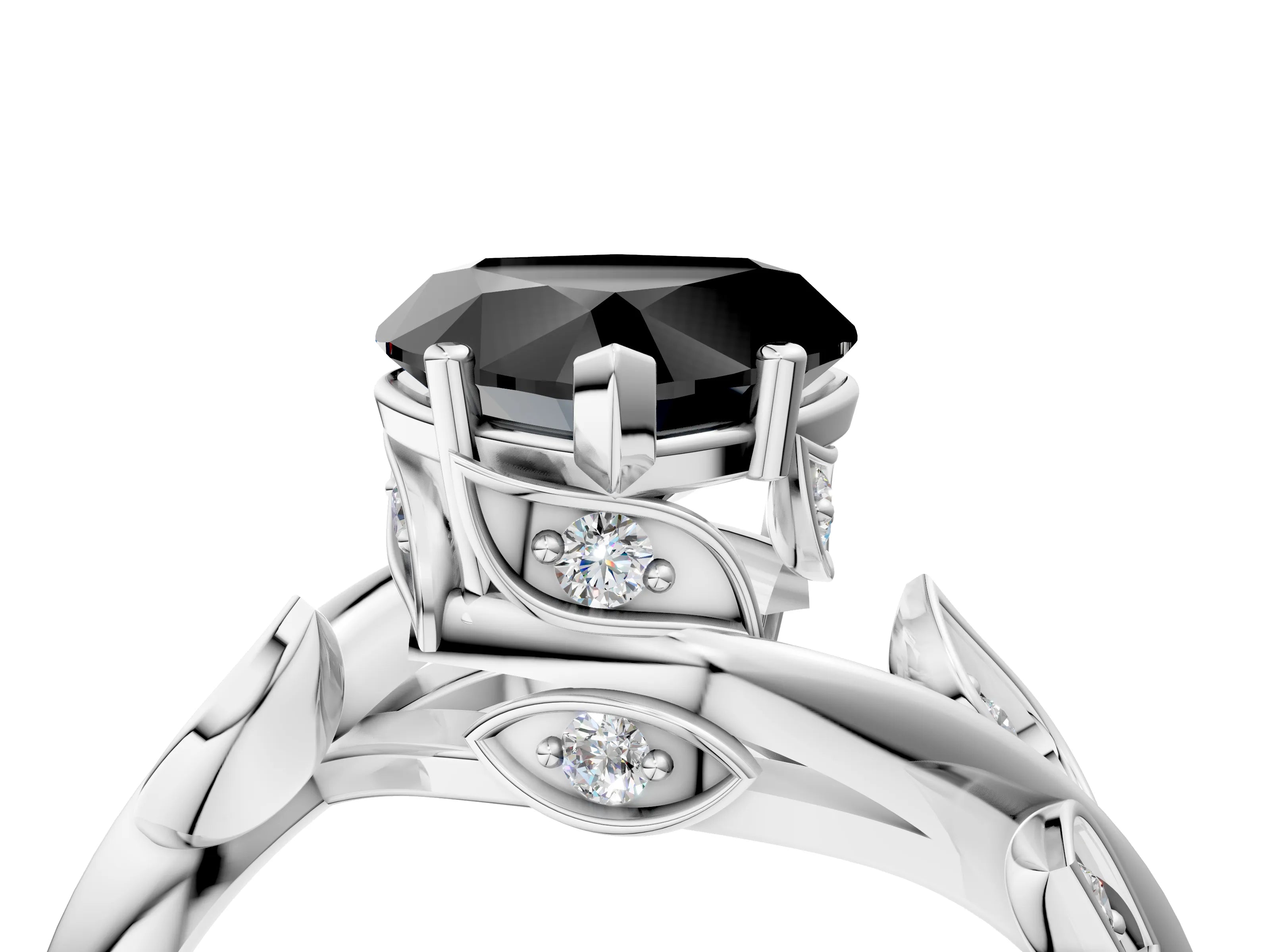 White gold Fancy Black Heart Cut Solitaire Twist Engagement Ring with Leaf Accents and Prong Setting_4