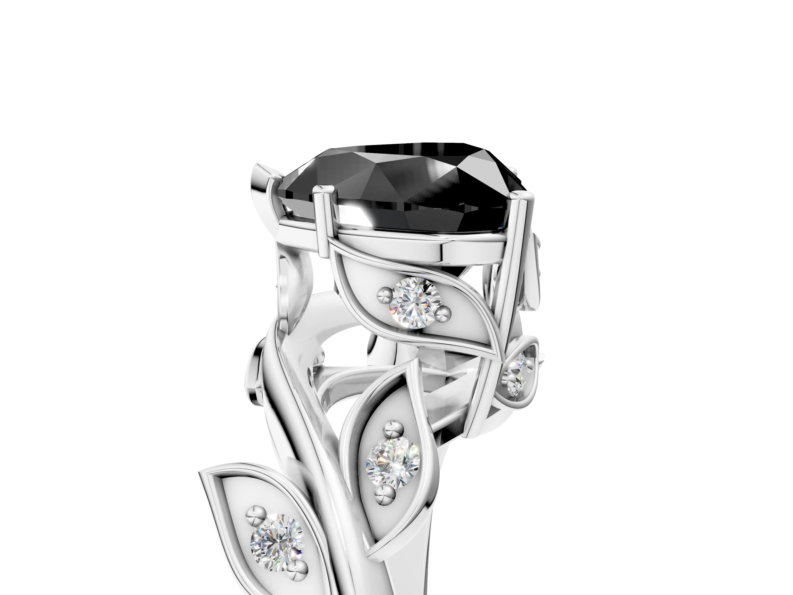 White gold Fancy Black Heart Cut Solitaire Twist Engagement Ring with Leaf Accents and Prong Setting_5