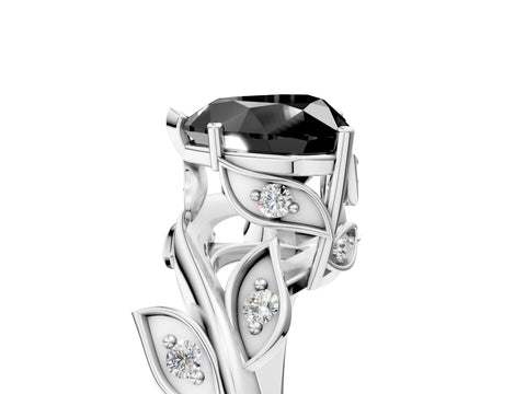 White gold Fancy Black Heart Cut Solitaire Twist Engagement Ring with Leaf Accents and Prong Setting_5