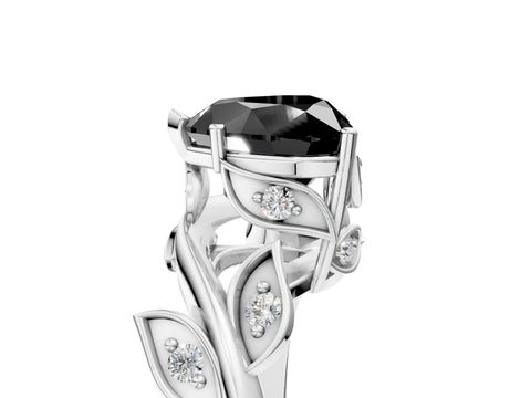 White gold Fancy Black Heart Cut Solitaire Twist Engagement Ring with Leaf Accents and Prong Setting_5