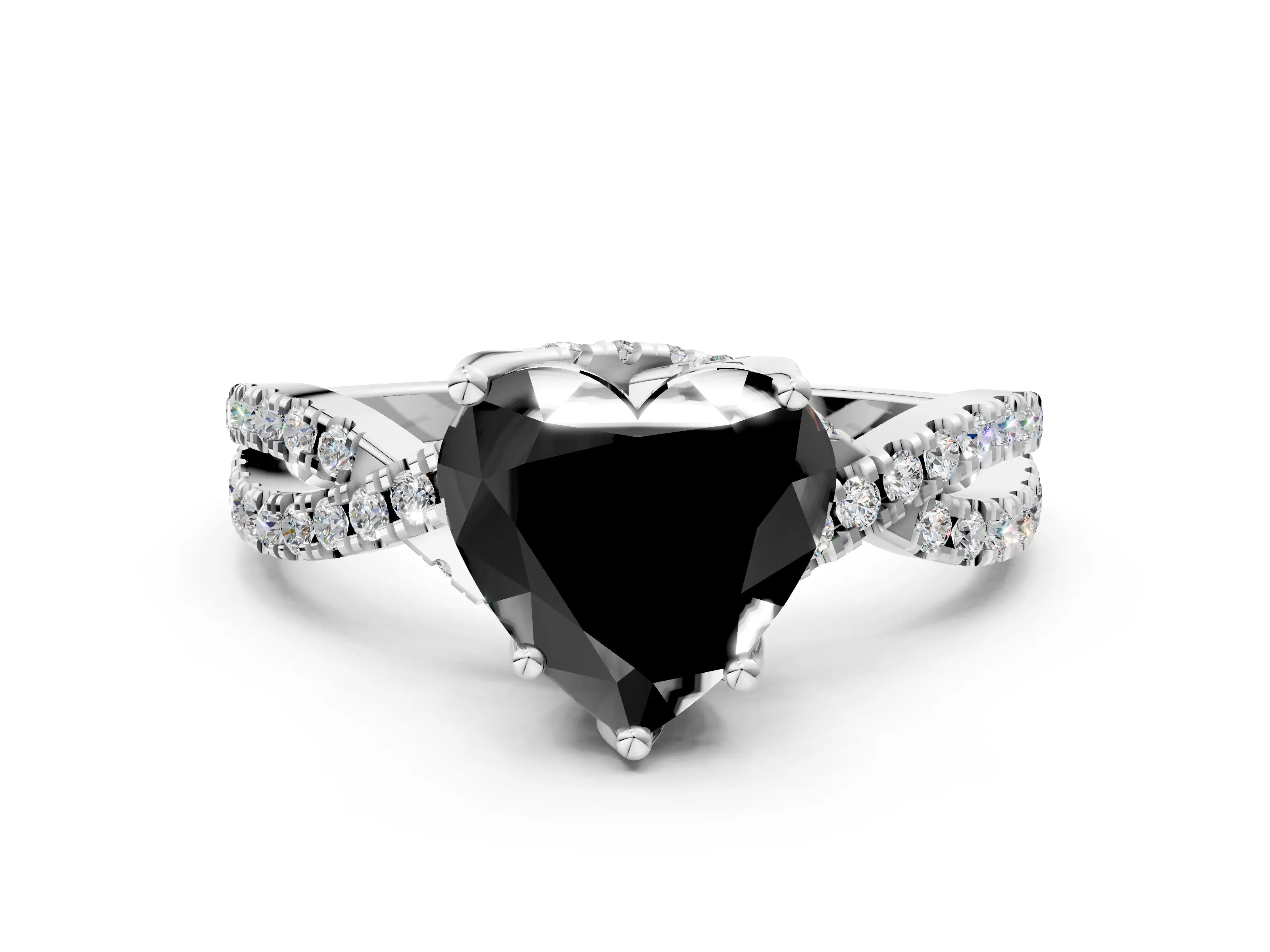 White gold Fancy Black Heart Cut Solitaire Twist Pave Diamond Engagement Ring with Prong Setting