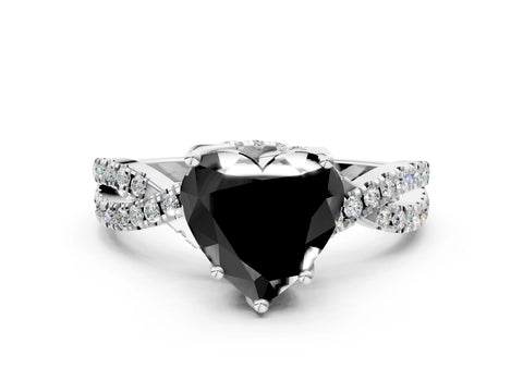 White gold Fancy Black Heart Cut Solitaire Twist Pave Diamond Engagement Ring with Prong Setting