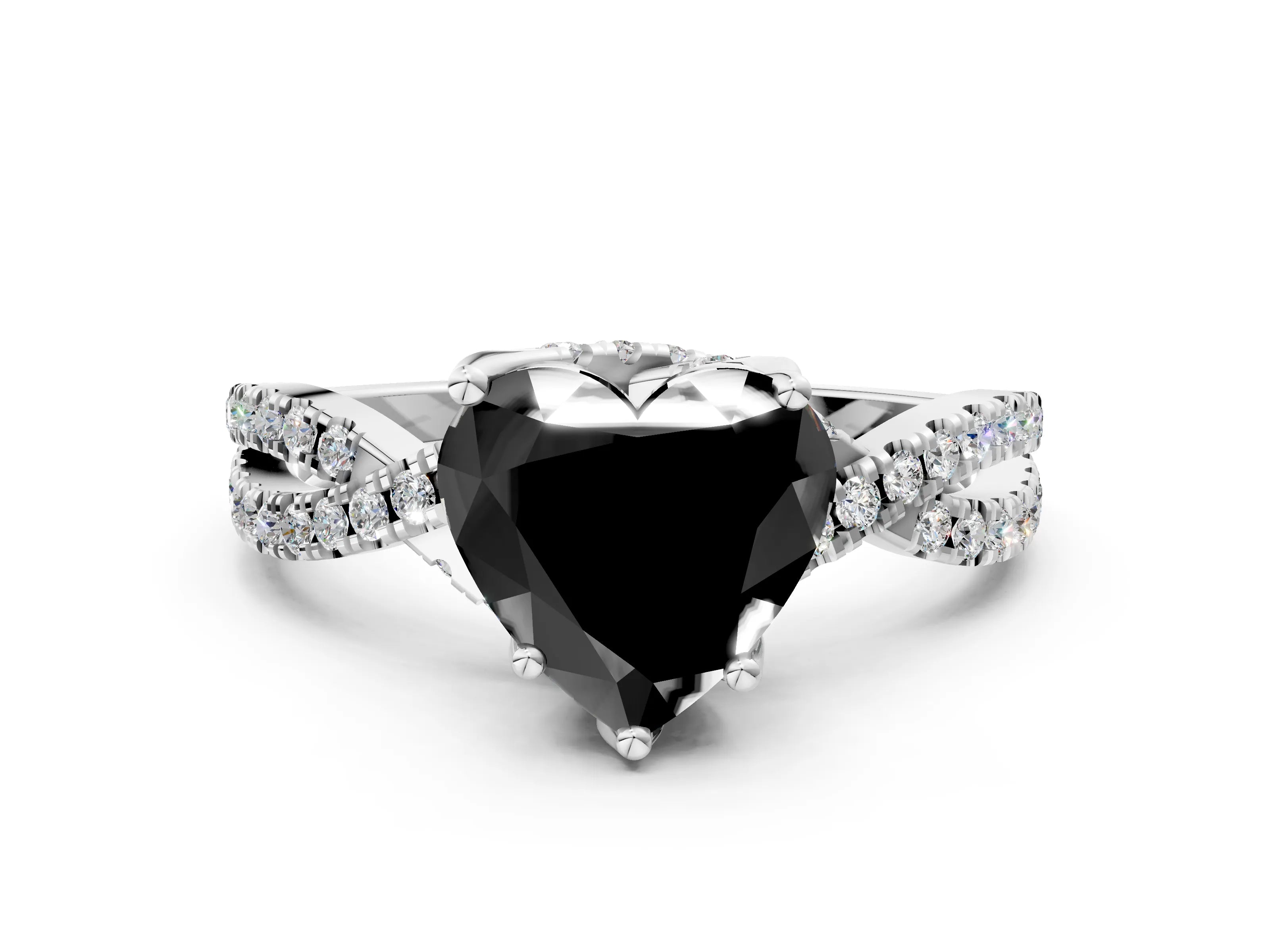 White gold Fancy Black Heart Cut Solitaire Twist Pave Diamond Engagement Ring with Prong Setting_12