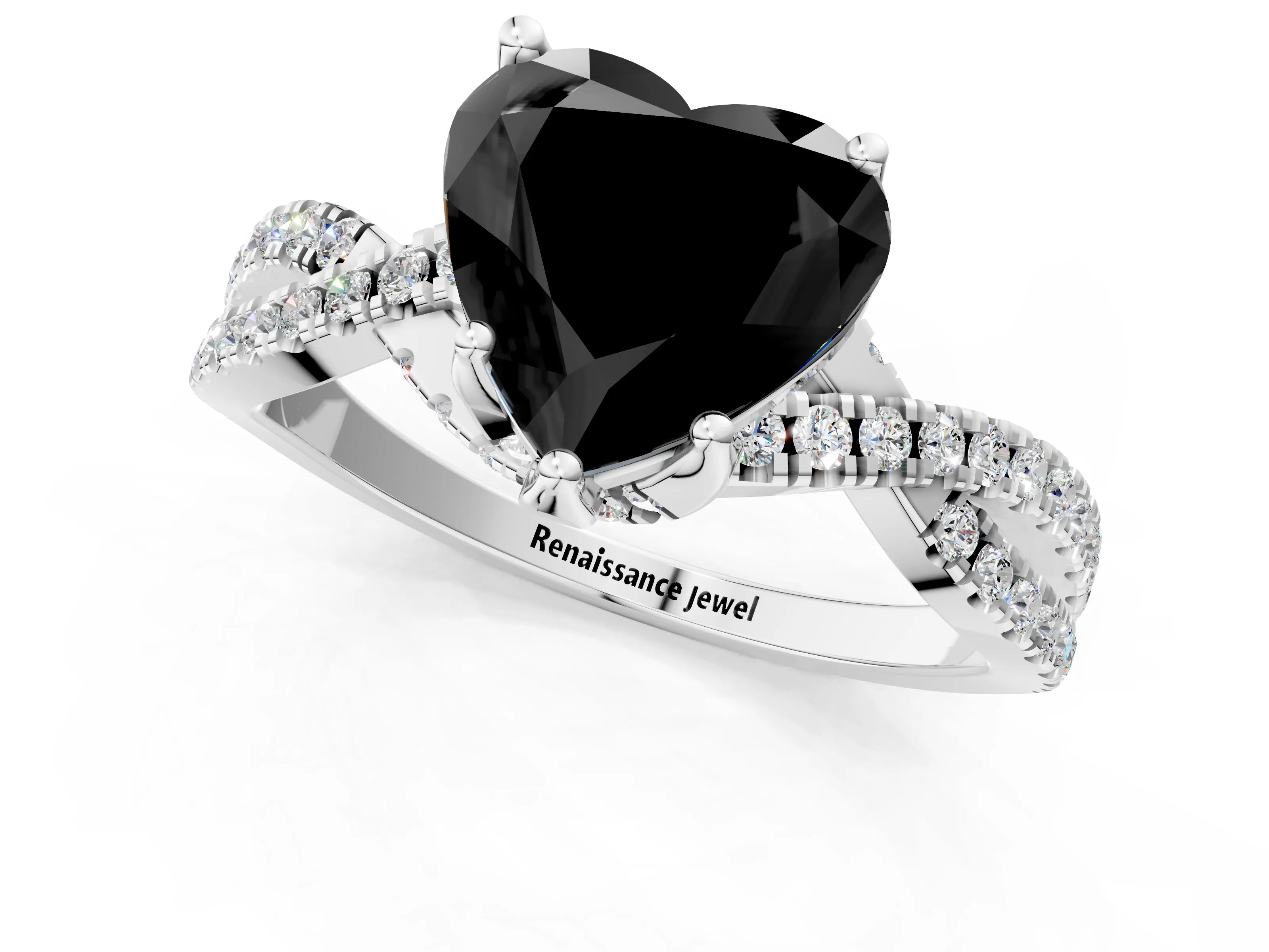 White gold Fancy Black Heart Cut Solitaire Twist Pave Diamond Engagement Ring with Prong Setting_1