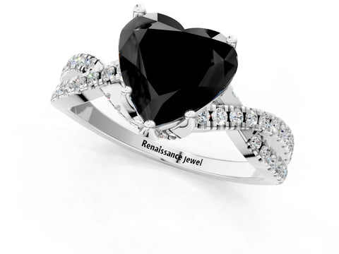 White gold Fancy Black Heart Cut Solitaire Twist Pave Diamond Engagement Ring with Prong Setting_1