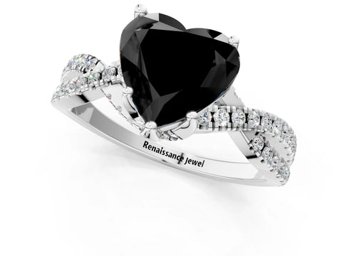 White gold Fancy Black Heart Cut Solitaire Twist Pave Diamond Engagement Ring with Prong Setting_1
