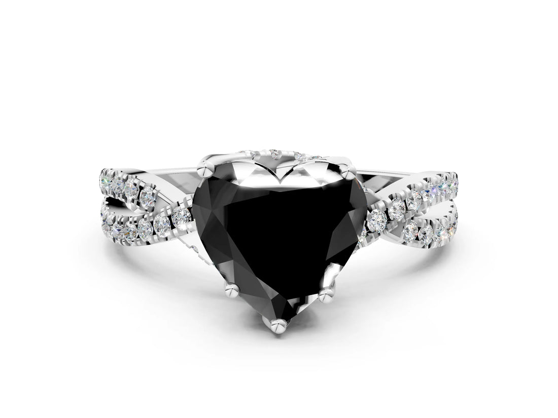 White gold Fancy Black Heart Cut Solitaire Twist Pave Diamond Engagement Ring with Prong Setting_24