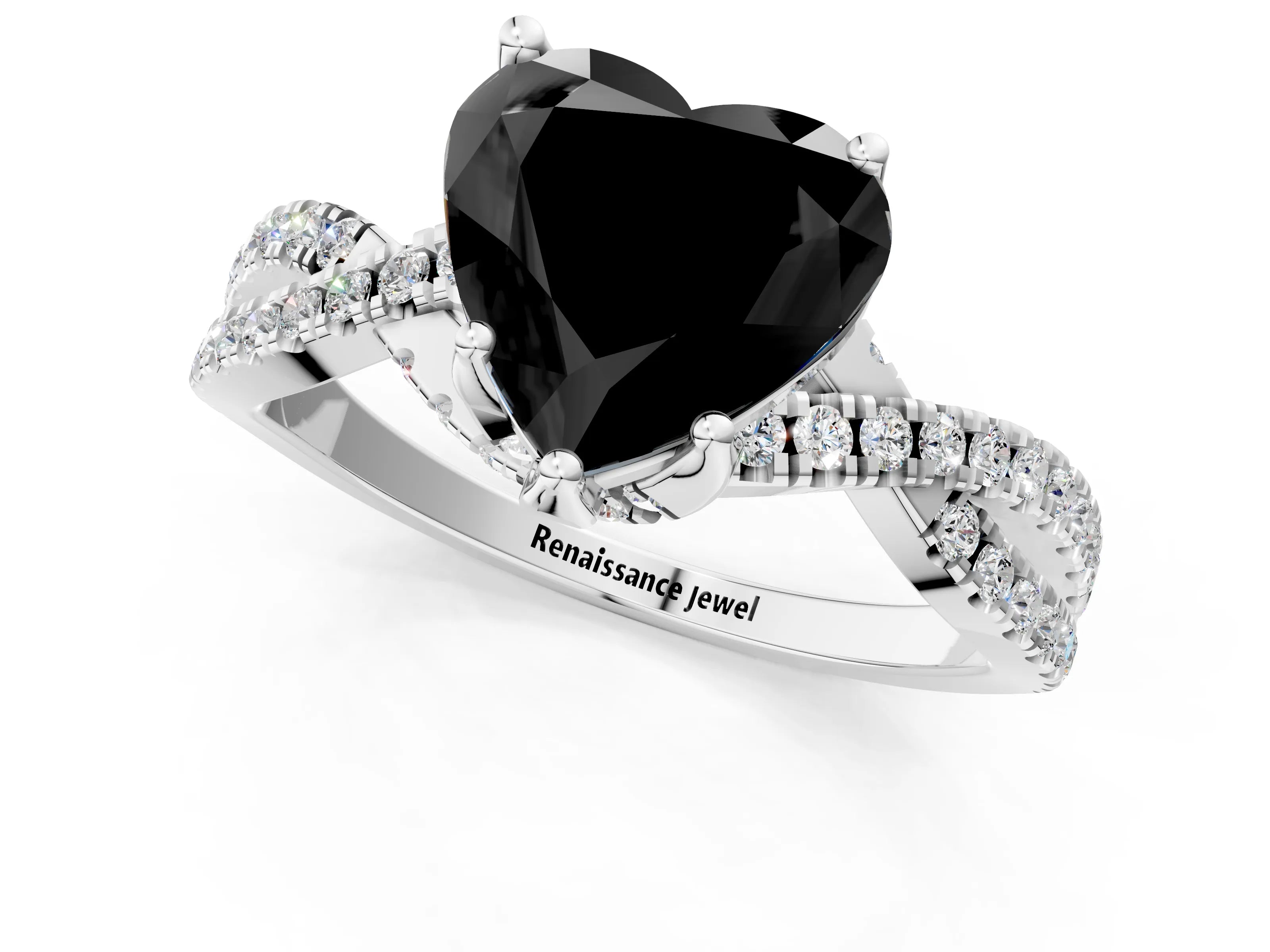 White gold Fancy Black Heart Cut Solitaire Twist Pave Diamond Engagement Ring with Prong Setting_25
