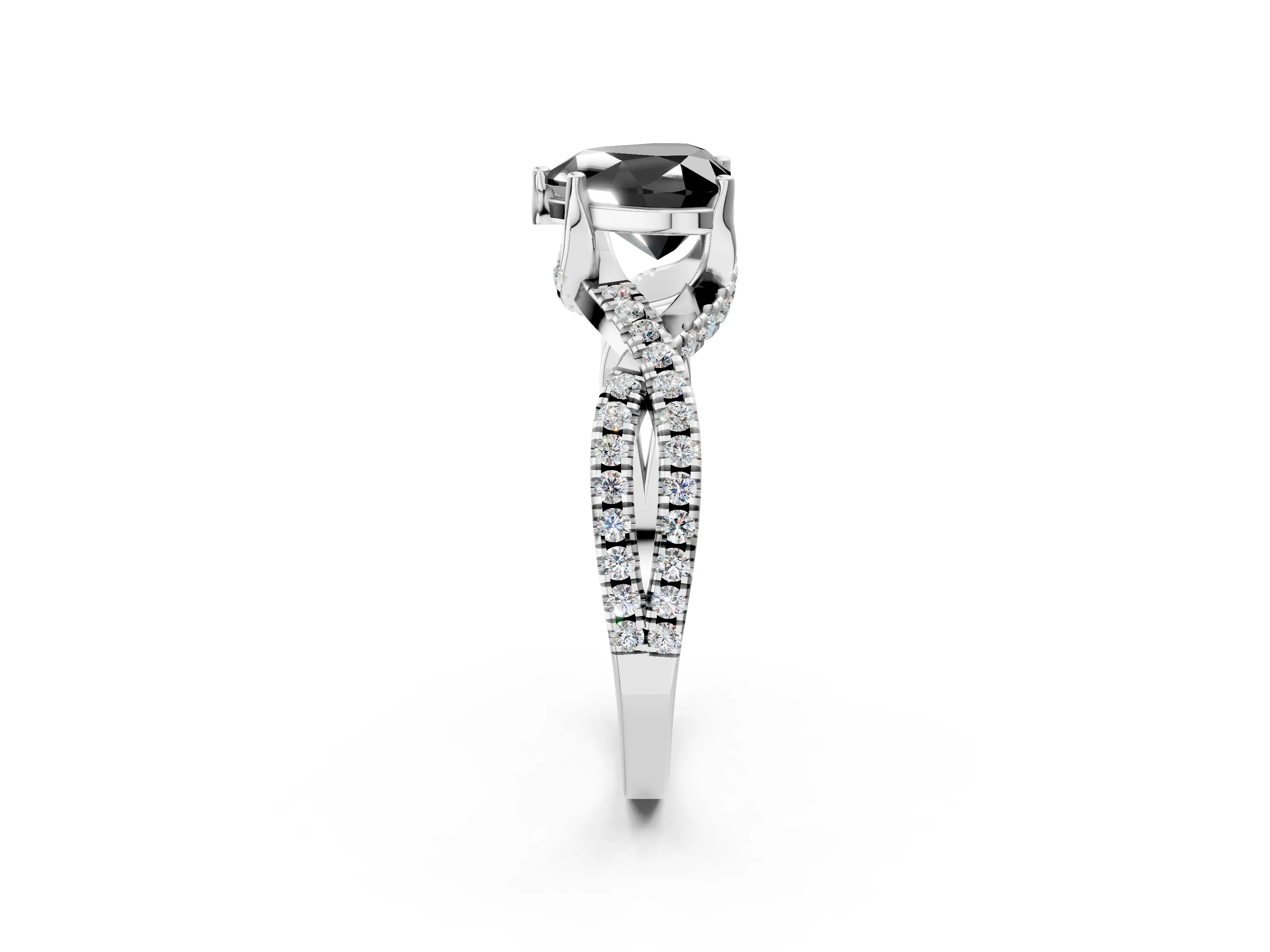 White gold Fancy Black Heart Cut Solitaire Twist Pave Diamond Engagement Ring with Prong Setting_2
