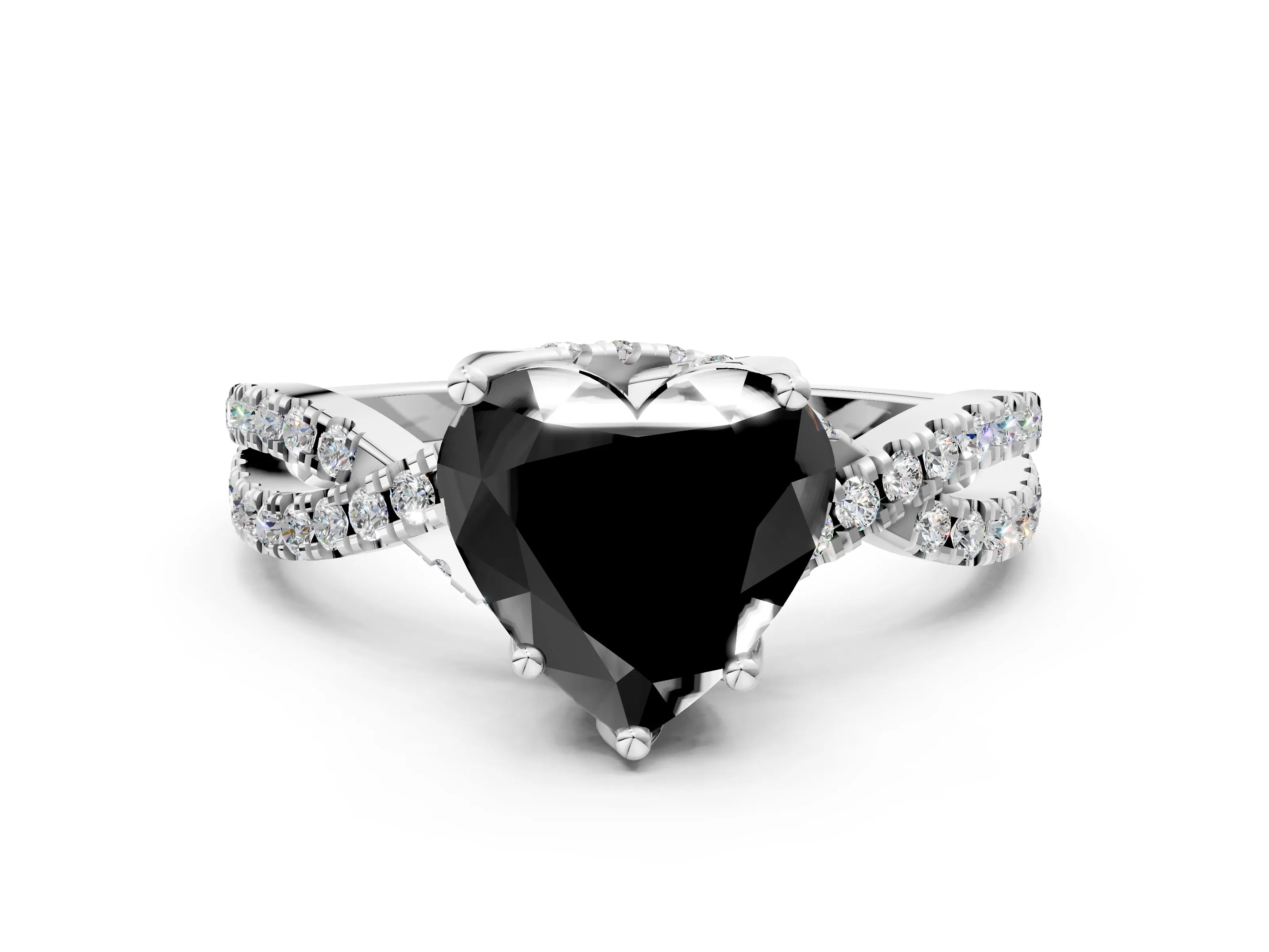 White gold Fancy Black Heart Cut Solitaire Twist Pave Diamond Engagement Ring with Prong Setting_36