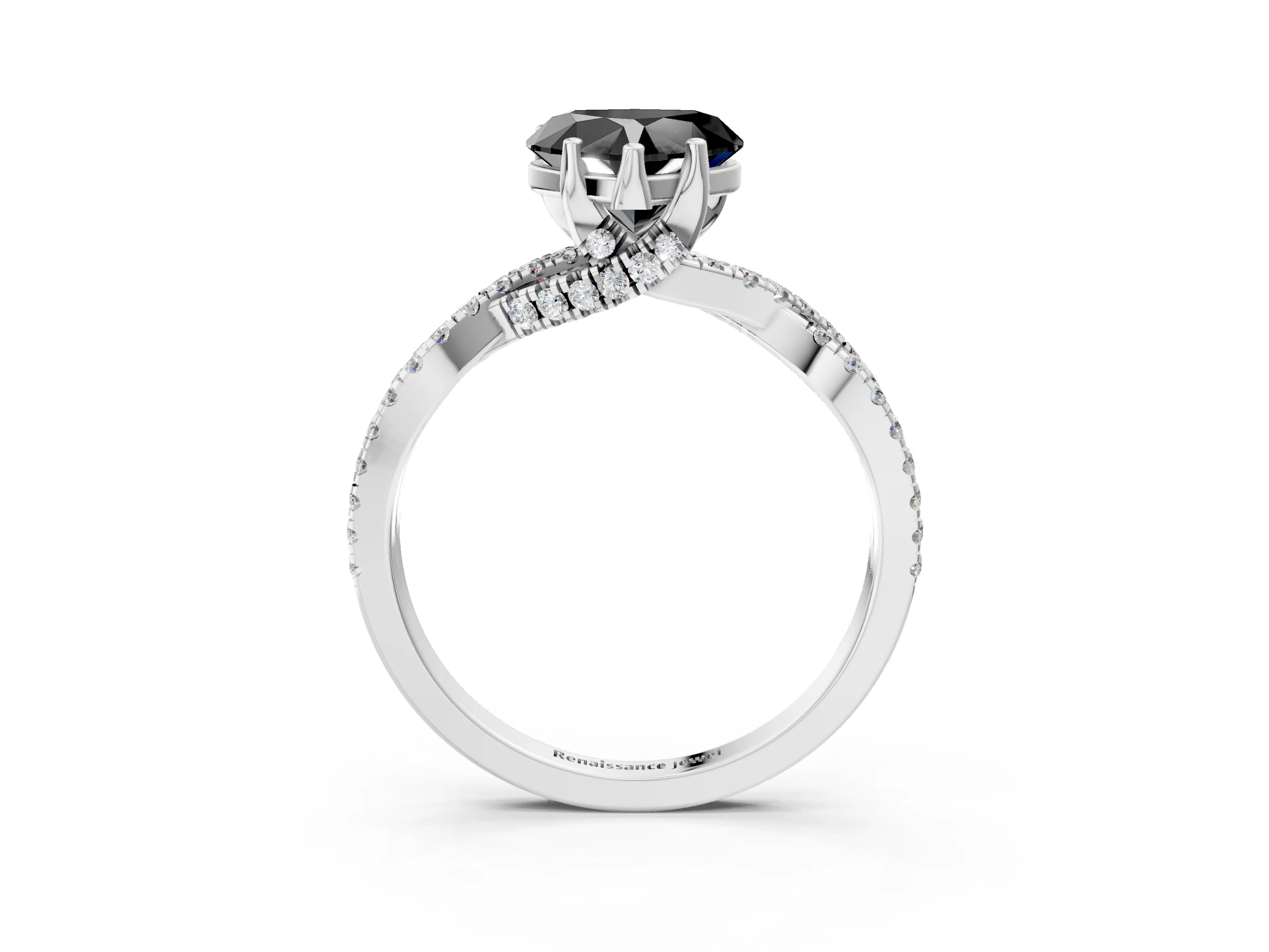 White gold Fancy Black Heart Cut Solitaire Twist Pave Diamond Engagement Ring with Prong Setting_3