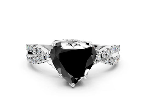 White gold Fancy Black Heart Cut Solitaire Twist Pave Diamond Engagement Ring with Prong Setting