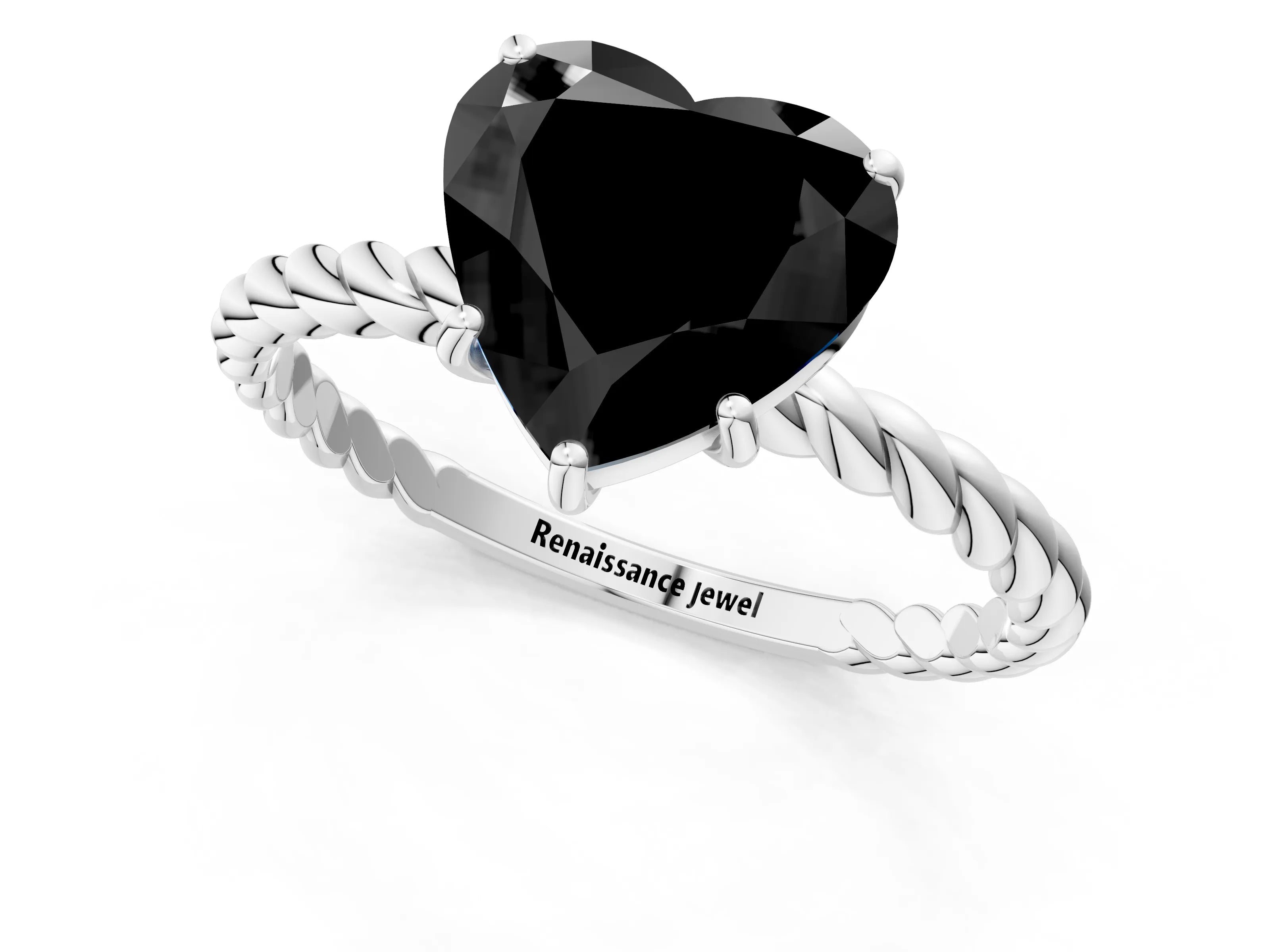 White gold Fancy Black Heart Cut Solitaire Twisted Band 4-Prong Ring_25