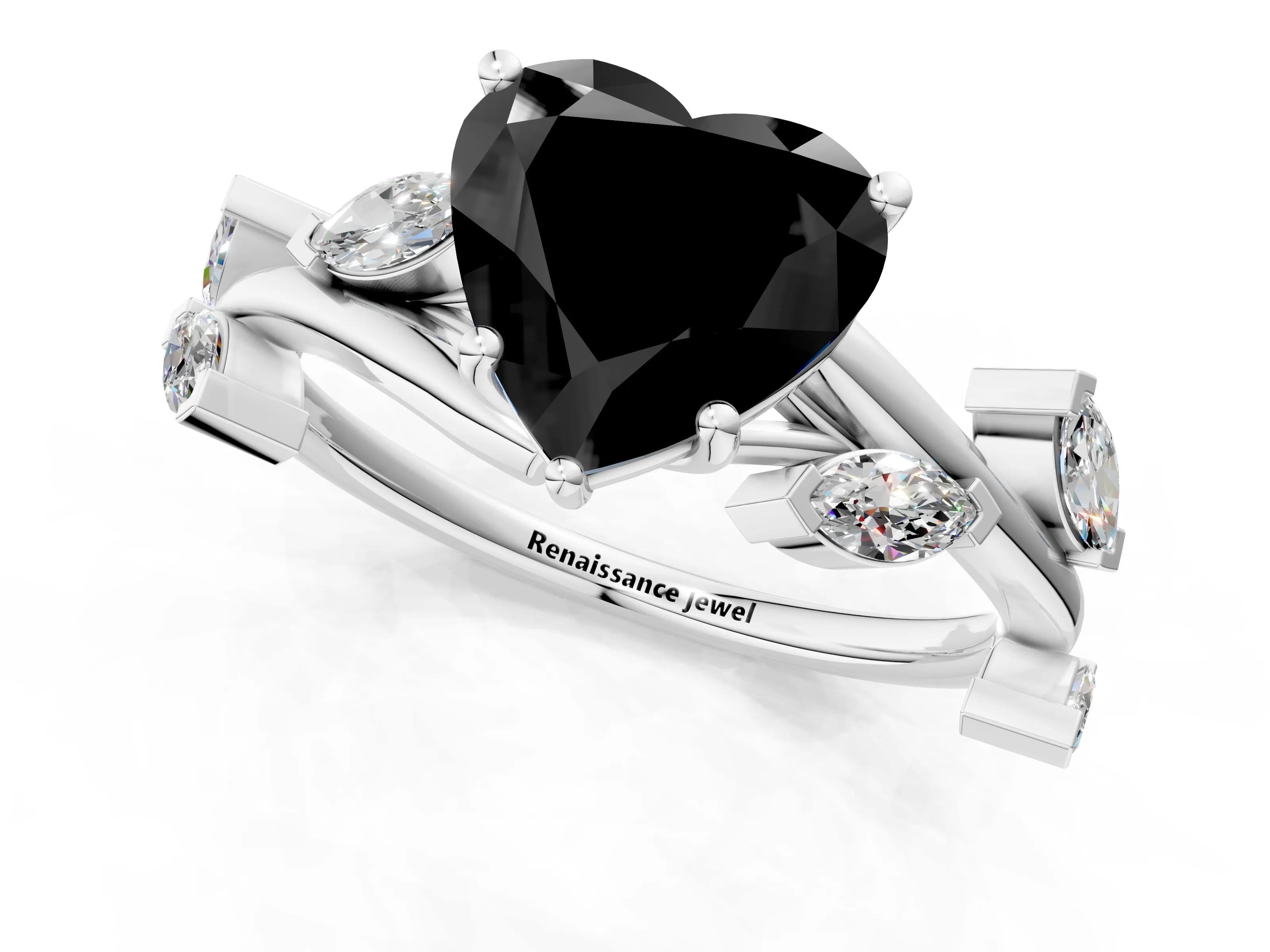 White gold Fancy Black Heart Cut Solitaire Twisted Band Marquise Accent Prong Setting Ring_1
