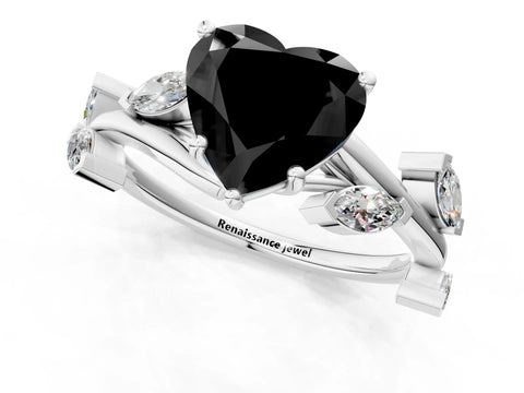 White gold Fancy Black Heart Cut Solitaire Twisted Band Marquise Accent Prong Setting Ring_1