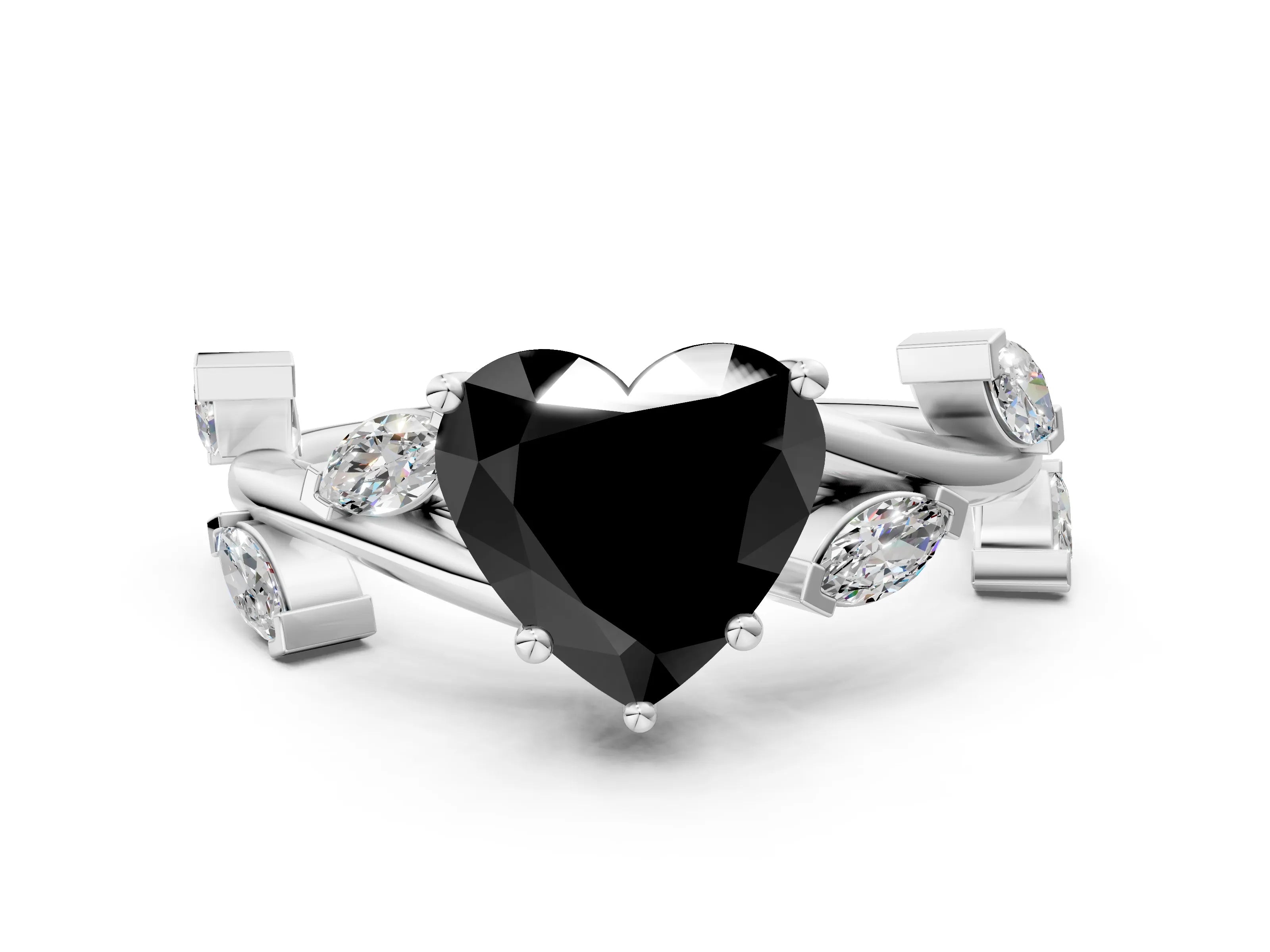 White gold Fancy Black Heart Cut Solitaire Twisted Band Marquise Accent Prong Setting Ring