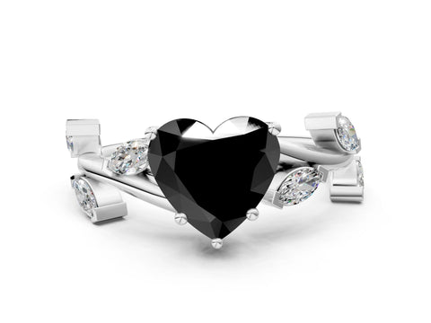 White gold Fancy Black Heart Cut Solitaire Twisted Band Marquise Accent Prong Setting Ring