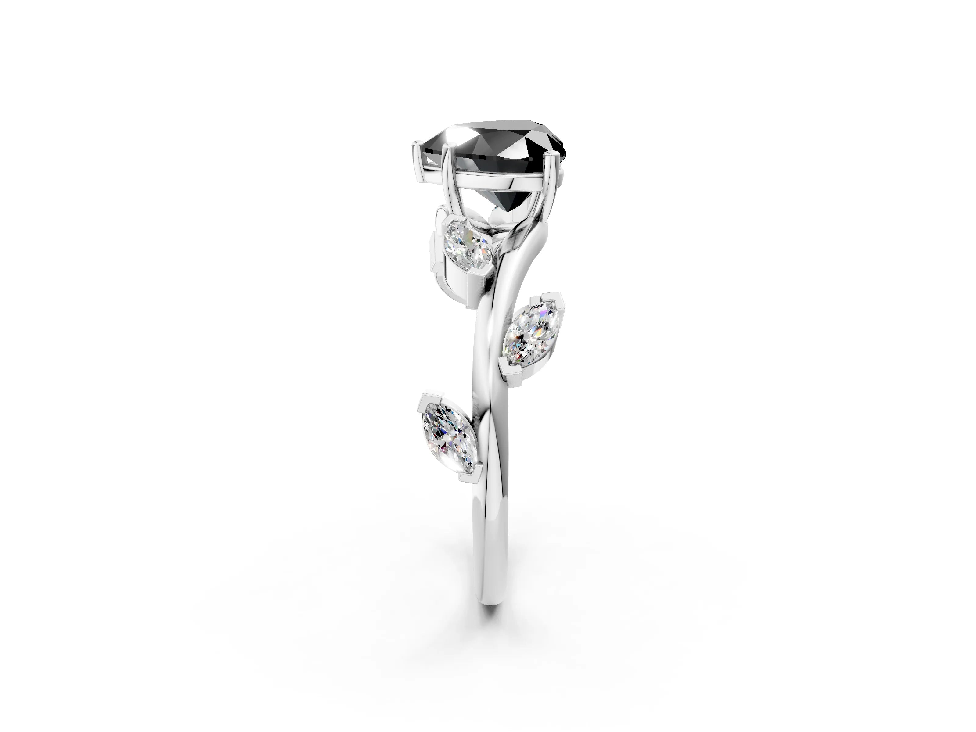 White gold Fancy Black Heart Cut Solitaire Twisted Band Marquise Accent Prong Setting Ring_2