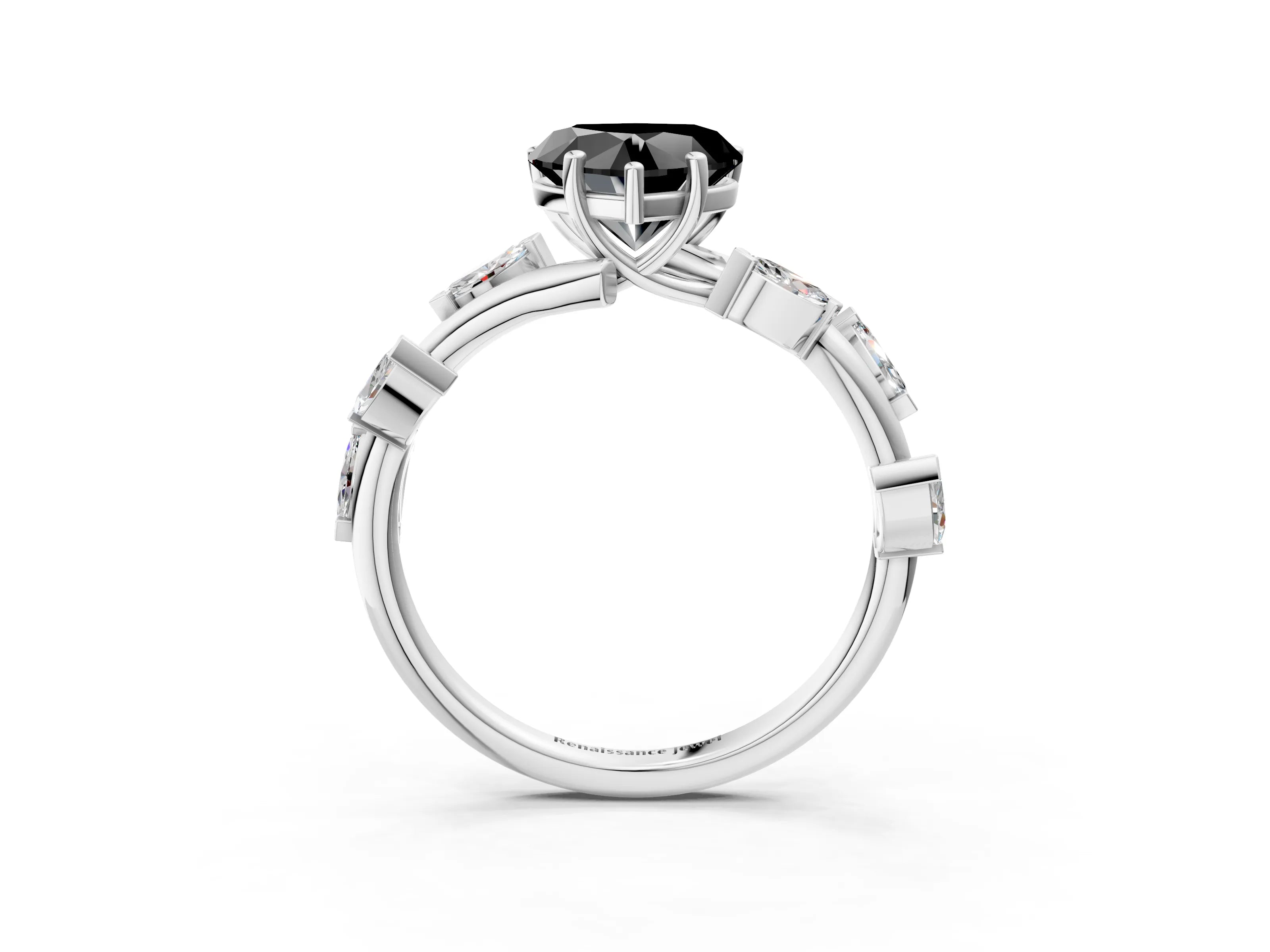 White gold Fancy Black Heart Cut Solitaire Twisted Band Marquise Accent Prong Setting Ring_3