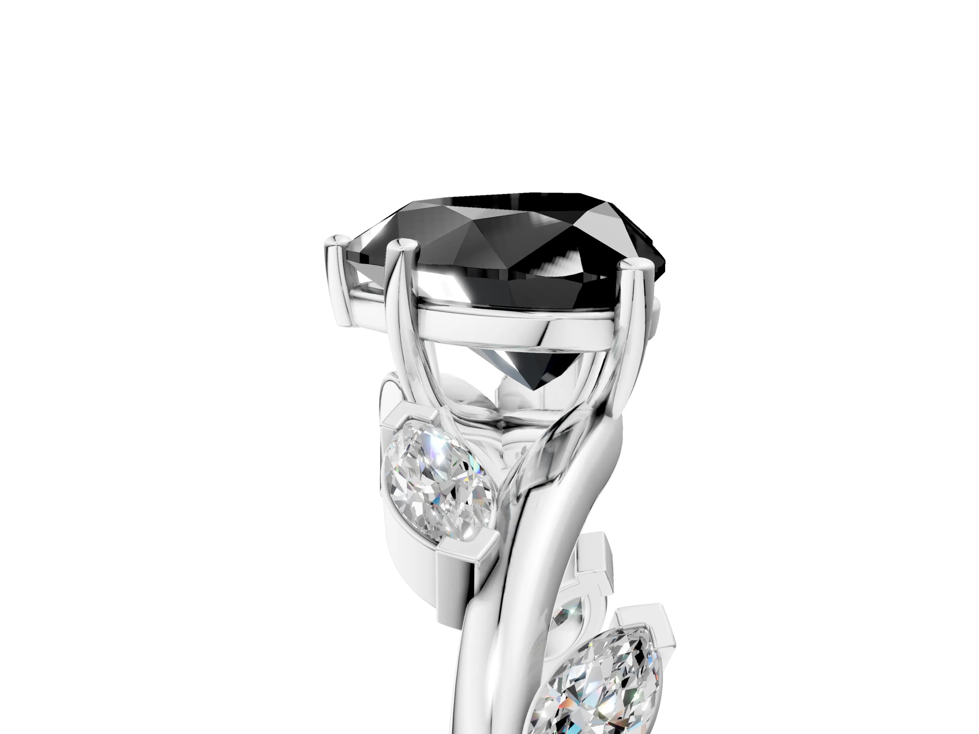 White gold Fancy Black Heart Cut Solitaire Twisted Band Marquise Accent Prong Setting Ring_5