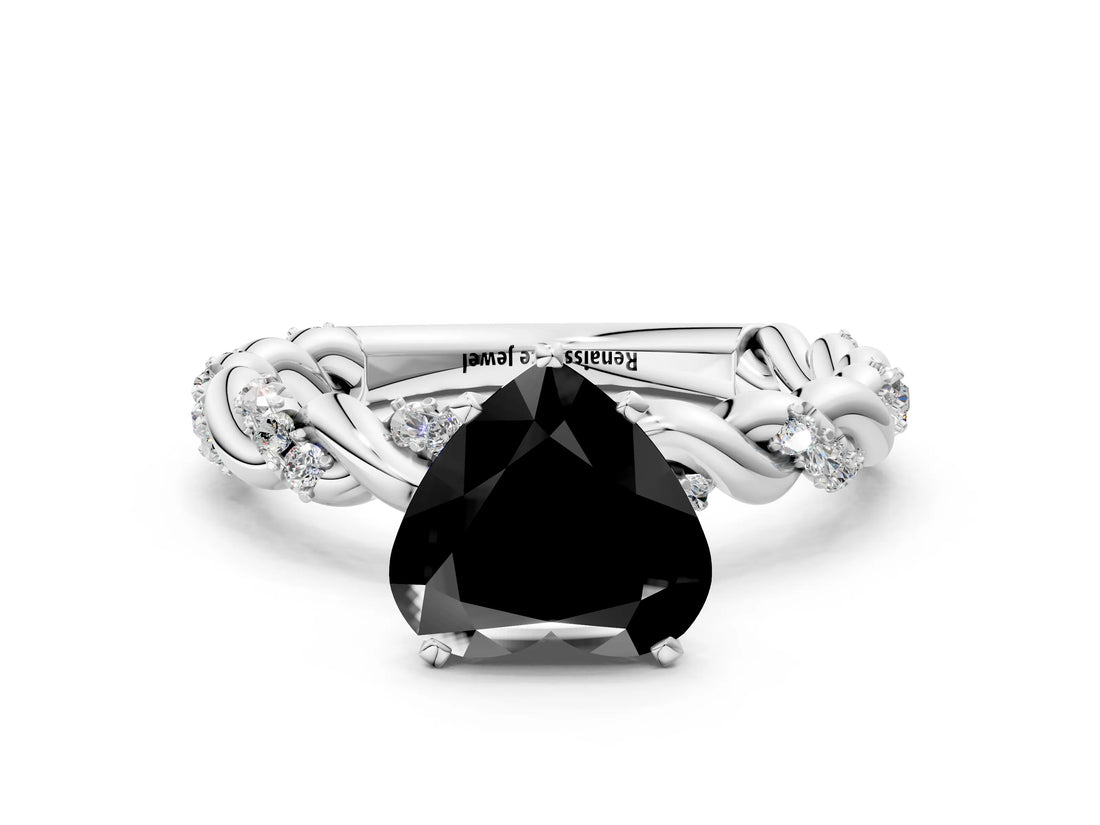 White gold Fancy Black Heart Cut Solitaire Twisted Band with Pavé Accents and Four-Prong Setting