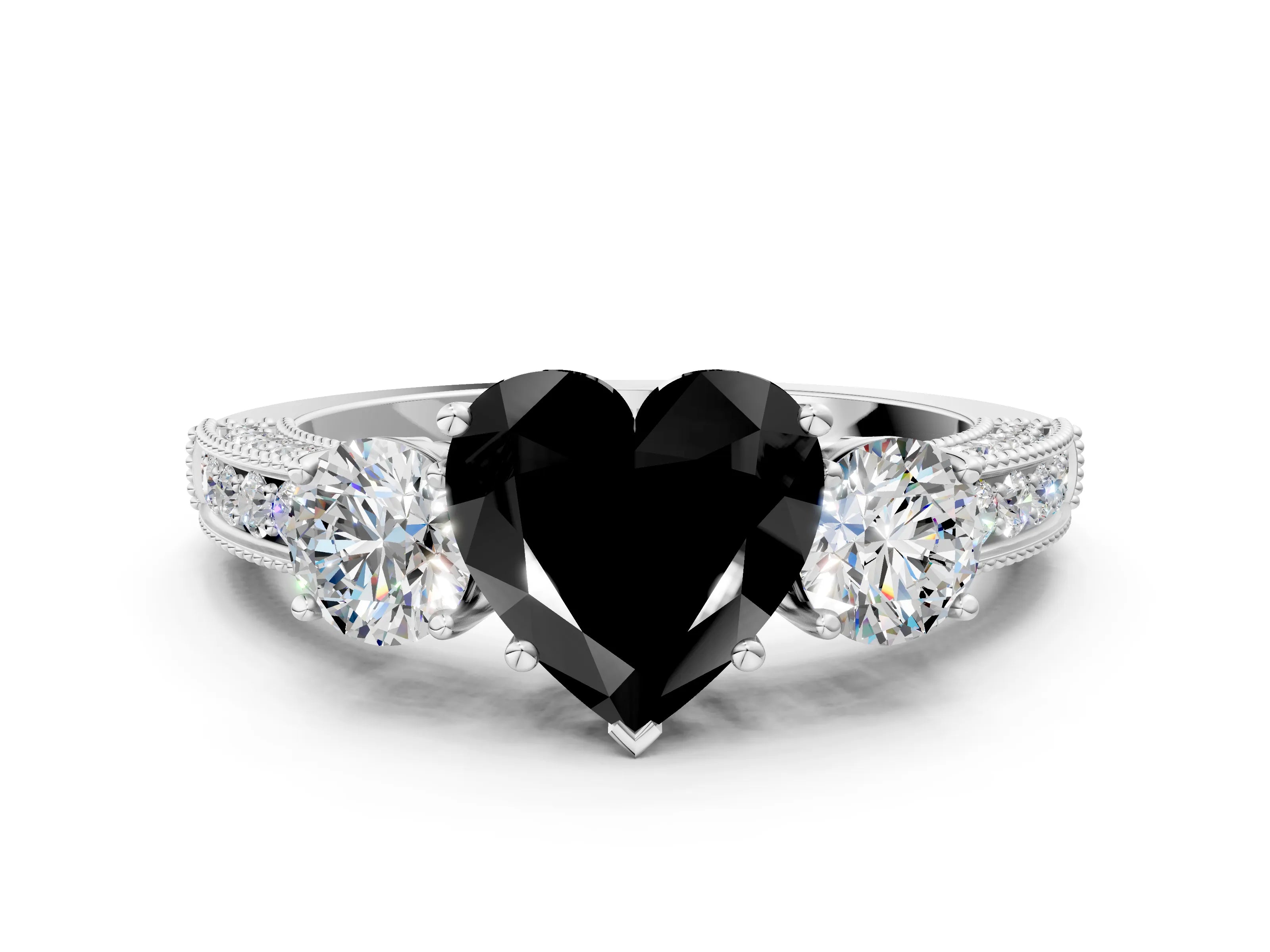 White gold Fancy Black Heart Cut Three-Stone Diamond Ring with Pavé Band and Four-Prong Setting_12