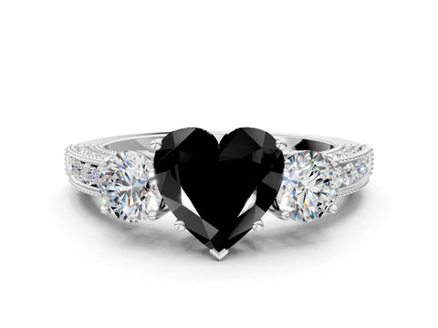 White gold Fancy Black Heart Cut Three-Stone Diamond Ring with Pavé Band and Four-Prong Setting_12