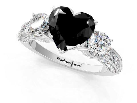 White gold Fancy Black Heart Cut Three-Stone Diamond Ring with Pavé Band and Four-Prong Setting_13