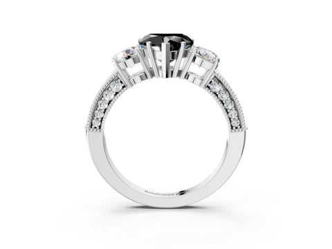 White gold Fancy Black Heart Cut Three-Stone Diamond Ring with Pavé Band and Four-Prong Setting_15
