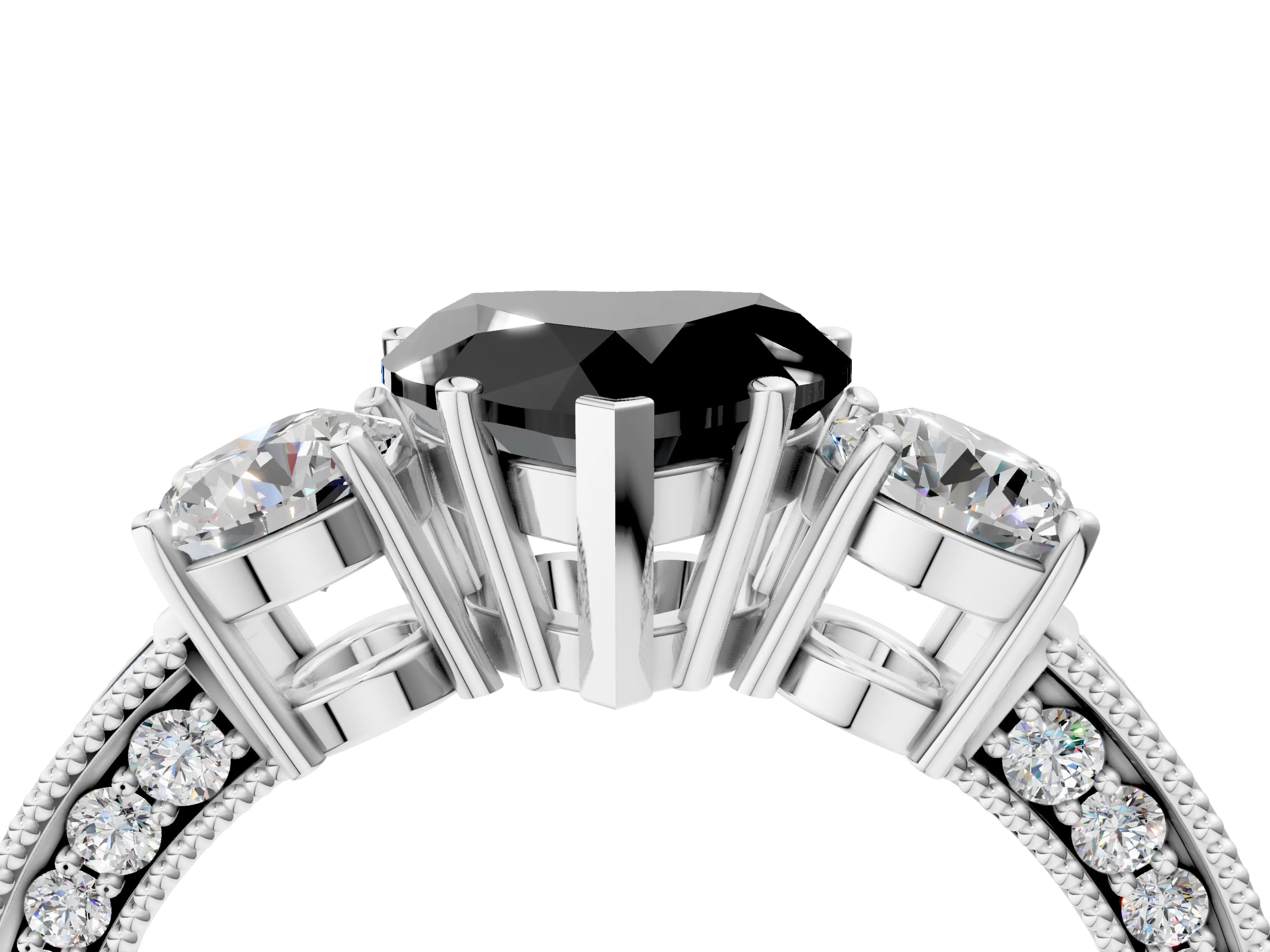 White gold Fancy Black Heart Cut Three-Stone Diamond Ring with Pavé Band and Four-Prong Setting_16
