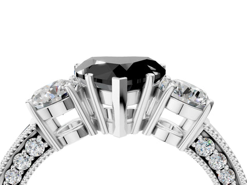 White gold Fancy Black Heart Cut Three-Stone Diamond Ring with Pavé Band and Four-Prong Setting_16