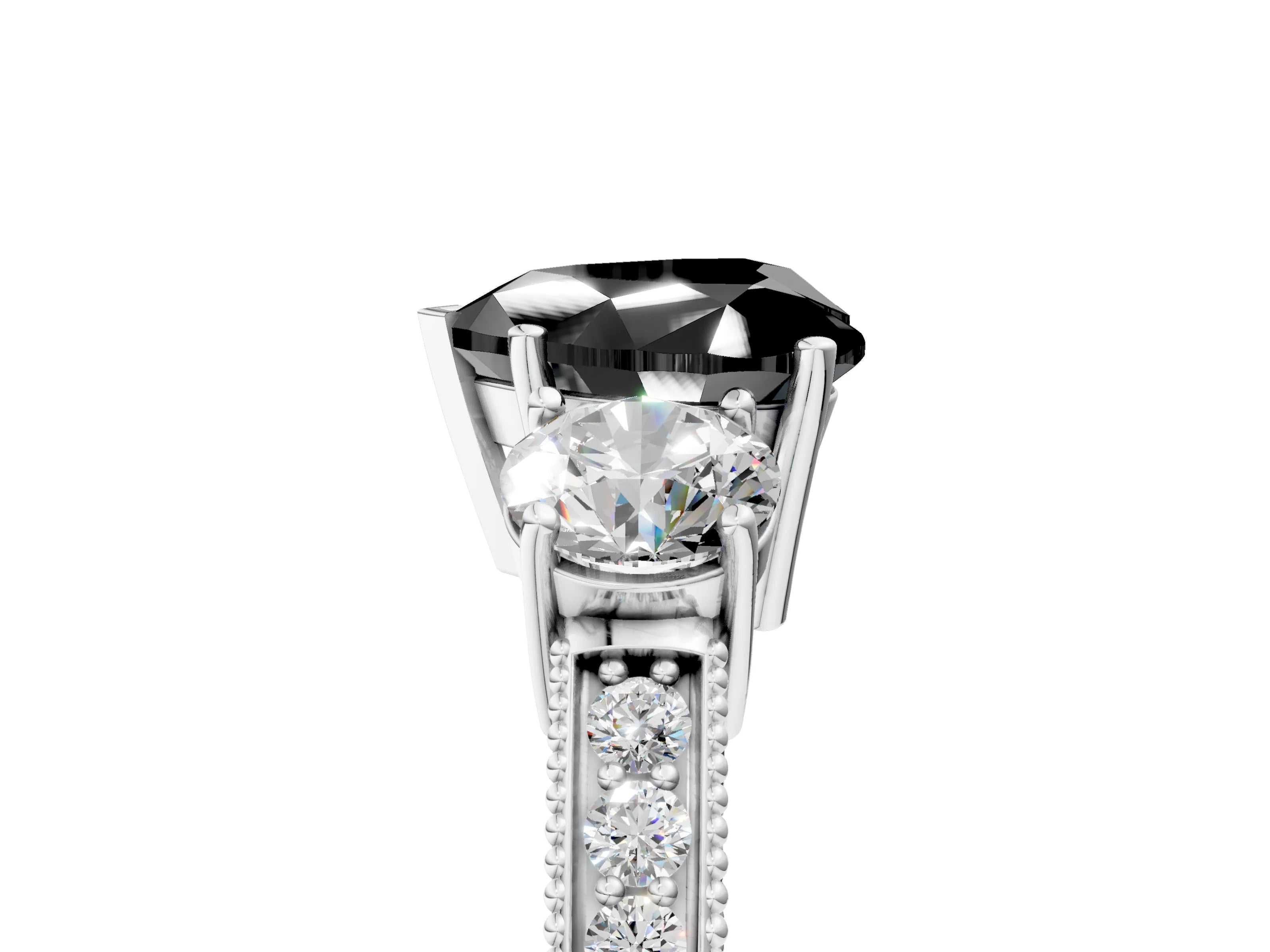 White gold Fancy Black Heart Cut Three-Stone Diamond Ring with Pavé Band and Four-Prong Setting_17