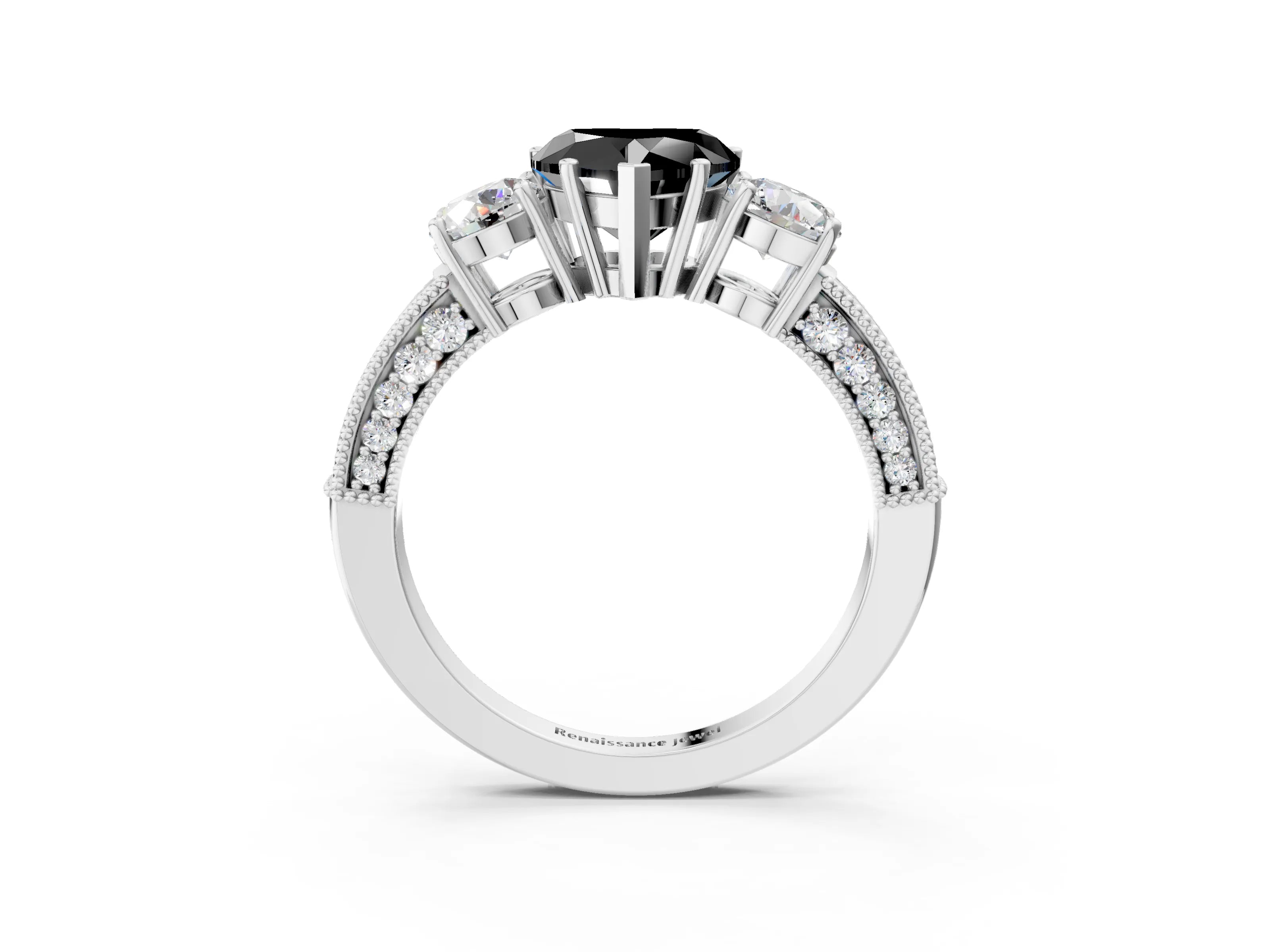 White gold Fancy Black Heart Cut Three-Stone Diamond Ring with Pavé Band and Four-Prong Setting_3