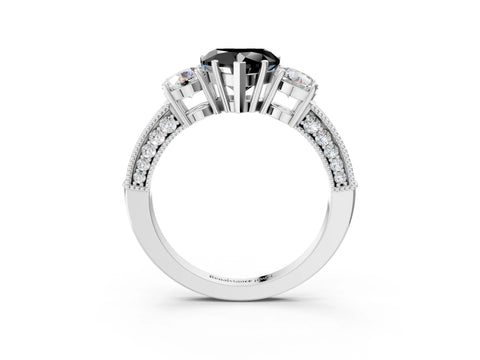 White gold Fancy Black Heart Cut Three-Stone Diamond Ring with Pavé Band and Four-Prong Setting_3