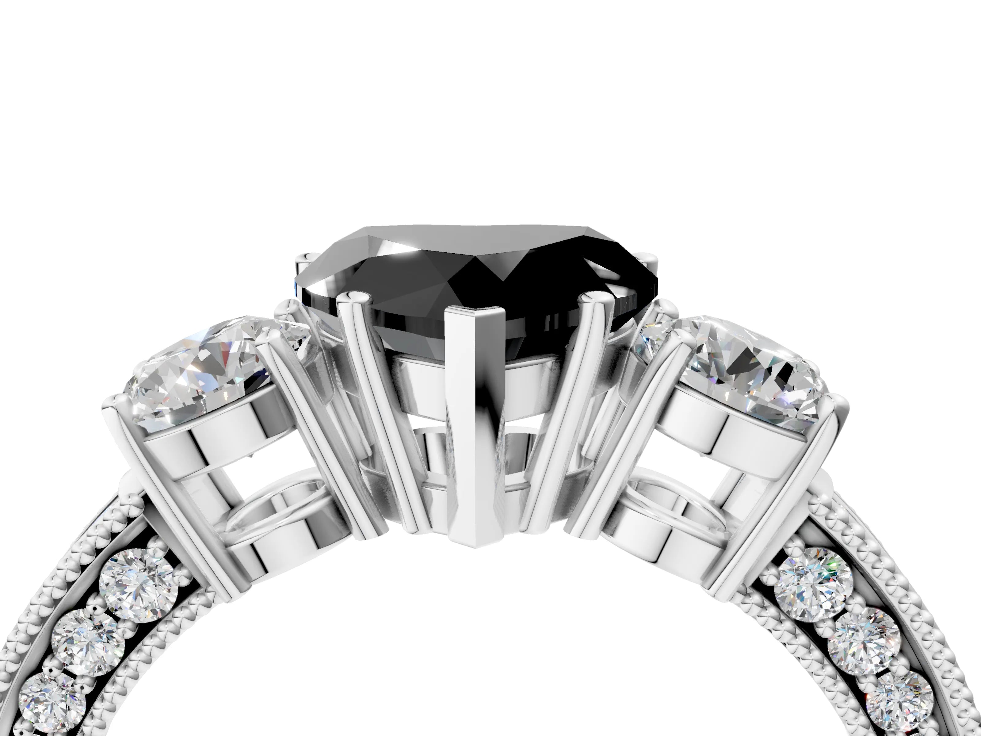 White gold Fancy Black Heart Cut Three-Stone Diamond Ring with Pavé Band and Four-Prong Setting_4