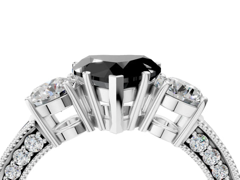 White gold Fancy Black Heart Cut Three-Stone Diamond Ring with Pavé Band and Four-Prong Setting_4