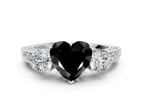 White gold Fancy Black Heart Cut Three-Stone Diamond Ring with Pavé Band and Four-Prong Setting