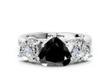 White gold Fancy Black Heart Cut Three-Stone Diamond Ring with Prong Setting on a Classic Band