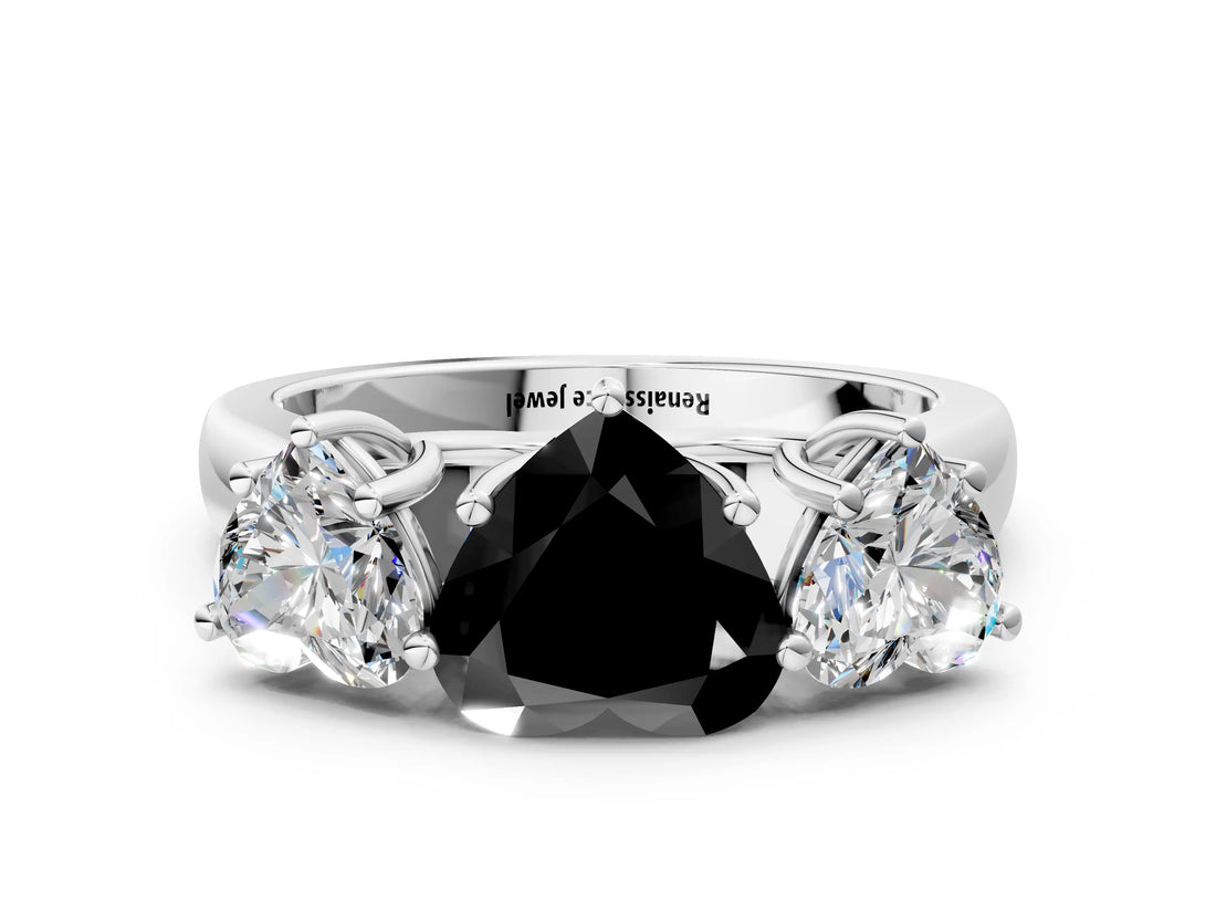 White gold Fancy Black Heart Cut Three-Stone Diamond Ring with Prong Setting on a Classic Band_6