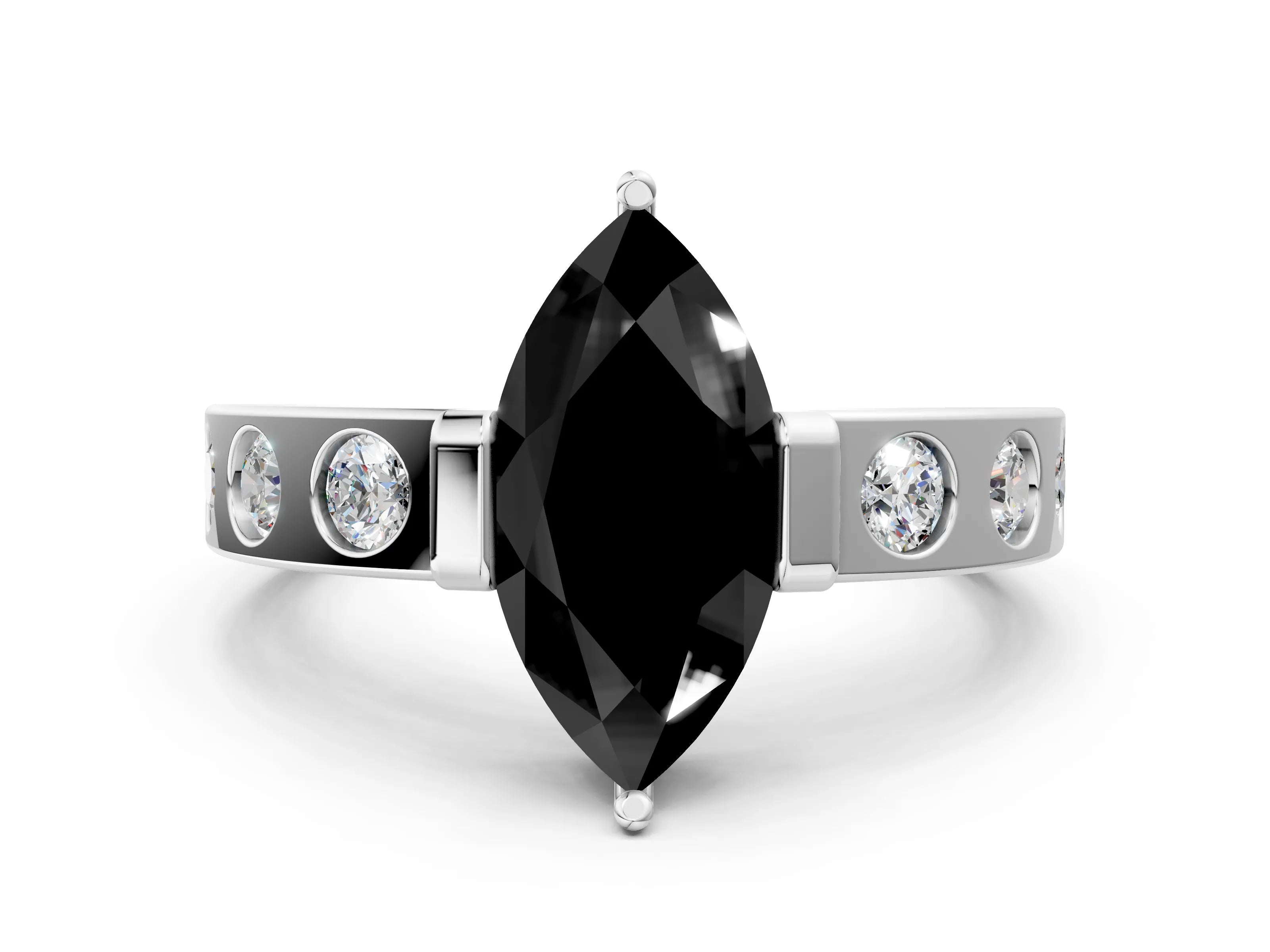 White gold Fancy Black Marquise Cut Brilliant Channel-Set Diamond Ring with Bezel Prong Setting